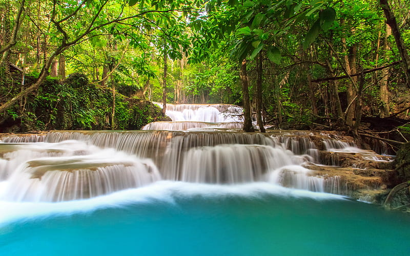 jungle, Thailand, waterfall, rainforest, summer, travel, beautiful forest waterfall, blue water, HD wallpaper