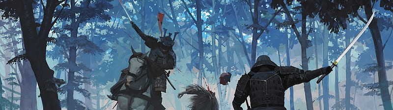 Samurai Battle Forest, Dual Monitor Samurai, HD wallpaper