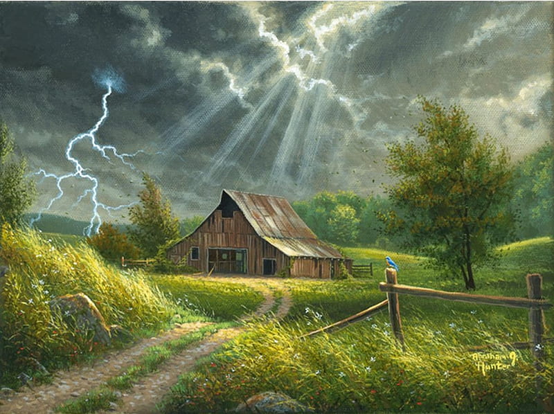 Passing Storm, sunrays, lightning, painting, fields, clouds, artwork, barn, landscape, HD wallpaper