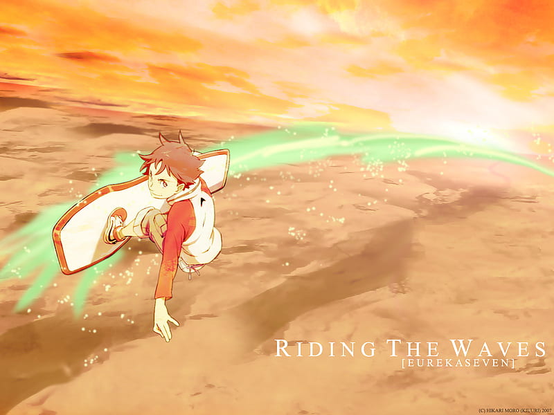 Riding The Waves, sunset, sky, surfing, eureka 7, fly, green, mecha, renton, anime, surf board, field, HD wallpaper