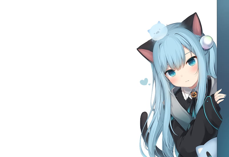 cute anime girl, loli, animal ears, aqua hair, hiding, tail, Anime, HD wallpaper
