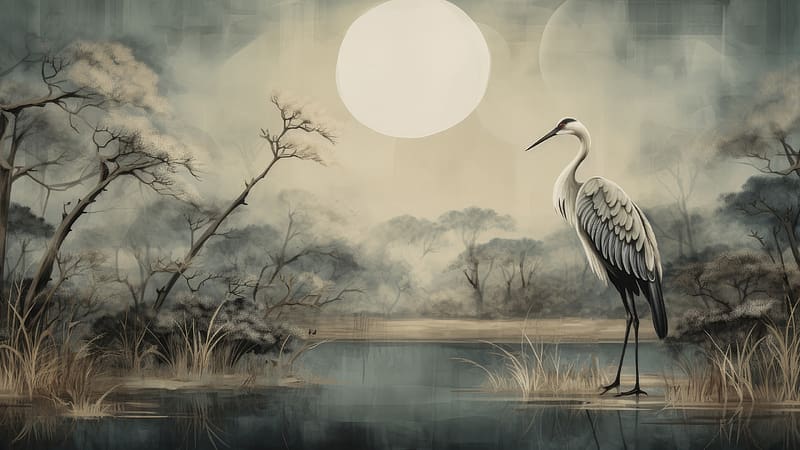 Heron, water, night, lake, art, luna, bird, moon, pasari, pictura, painting, HD wallpaper