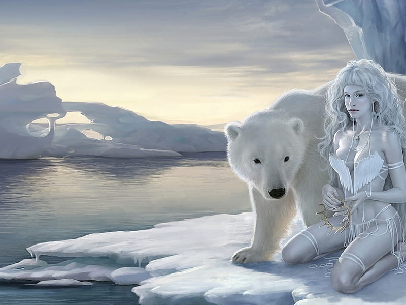 Polar bear and woman, arctic, fantasy, girl, bear, ice, polar, woman, HD wallpaper