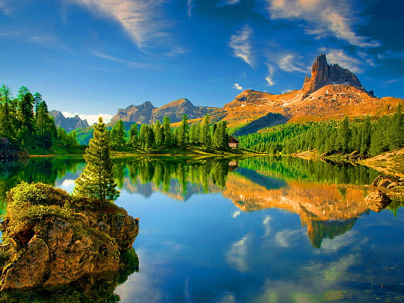 Mountain at summer, view, trees, sky, clouds, lake, mirrored, mountain ...