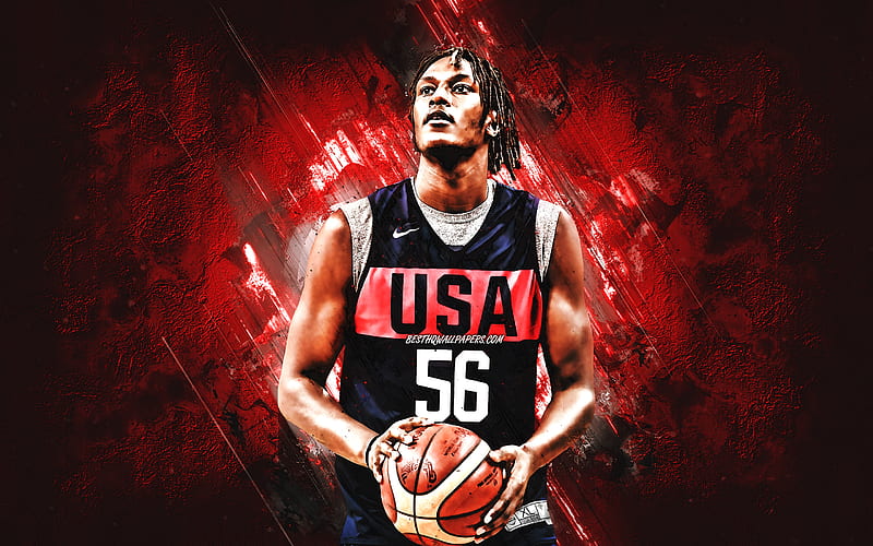 Myles Turner, USA national basketball team, USA, American basketball player, portrait, United States Basketball team, red stone background, HD wallpaper