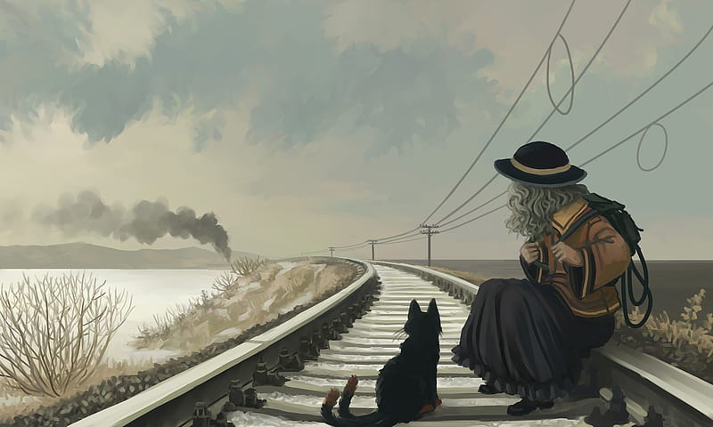 Anime Girl With Cat On Railroad, anime-girl, anime, cat, railroad, HD wallpaper