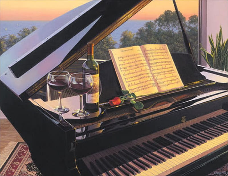 evening song, glass, window, rose, wine, music, veiw, piano, HD wallpaper