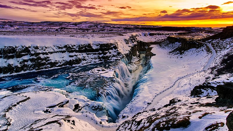 Sunrise on Gullfoss Waterfall, Iceland, waterfall, nature, snow, sunrise, iceland, HD wallpaper