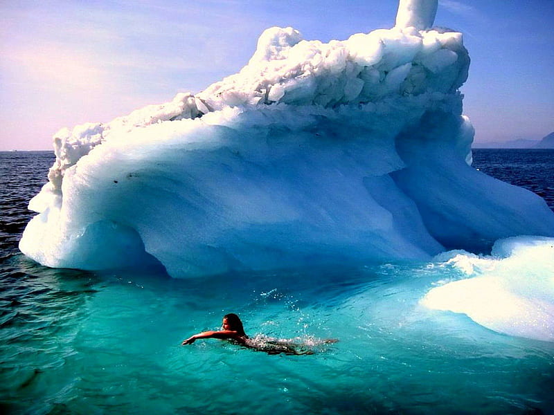 Swimming beside an Iceberg, Ocean, Iceberg, Swimmer, Nature, HD wallpaper
