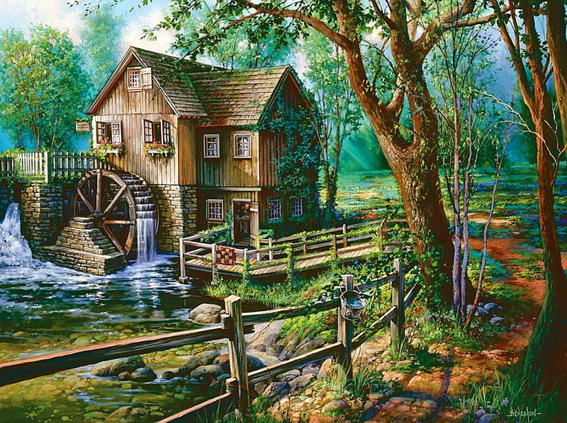 Jenny\\'s mill, fence, art, quiet, calmness, lovely, mill, greenery, bonito, trees, lake, pond, water, serenity, jenny, painting, nature, HD wallpaper