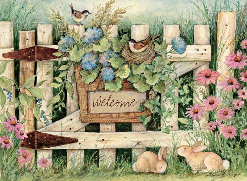 WEELCOME, WELCOME, COUNRTY, FENCE, BIRDS, SIGN, FLOWERS, HD wallpaper