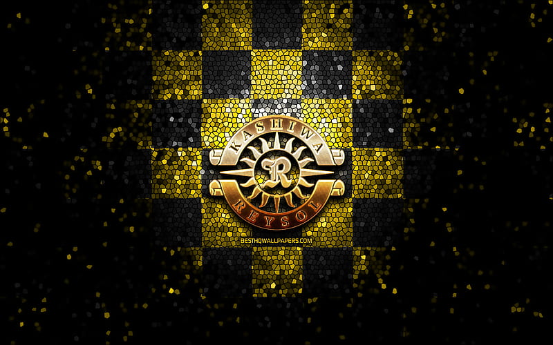 Kashiwa Reysol FC, glitter logo, J1 League, yellow black checkered background, soccer, japanese football club, Kashiwa Reysol logo, mosaic art, football, Kashiwa Reysol, HD wallpaper