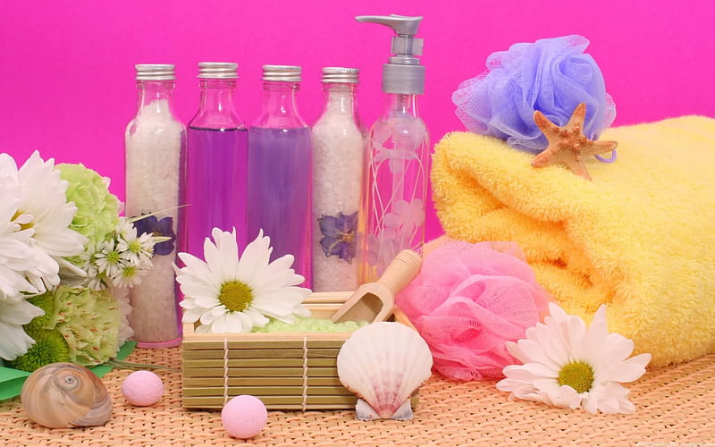 Spa Luxury, bubble bath, shells, bottles, towel, lotion, sponge, bath crystals, HD wallpaper