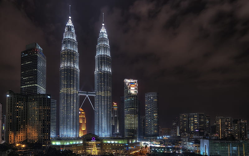 Kuala Lumpur, night, skyscrapers, Petronas towers, modern buildings, Kuala Lumpur cityscape, Malaysia, HD wallpaper
