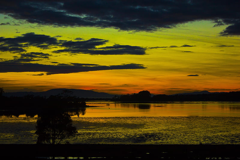 Sunset on Pipe Clay Lagoon, Tasmania Australia, Yellow, Breathtaking, Black, Red, Orange, Sky, bonito, Sunset, Water, View, Trees, Green, Clouds, Lagoon, Splendor, Colors, Horizon, HD wallpaper