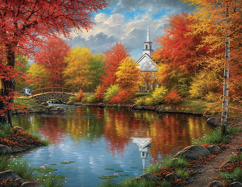 Autumn, art, toamna, painting, pictura, church, thomas kinkade, lake, water, HD wallpaper