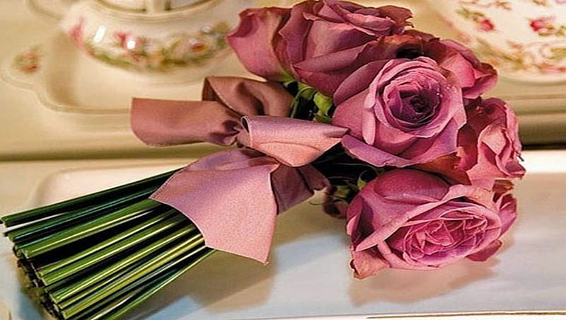 Dusty Pink Roses Bouquet~, romantic, romance, pink bow, long stems, bonito,  HD wallpaper | Peakpx