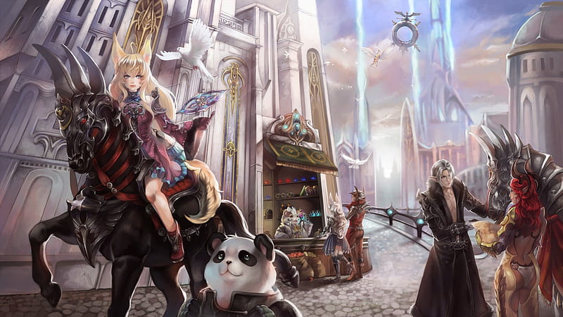 Tera, elf, game, magic, horse, warrior, girl, kingdom, castle, landscape, HD wallpaper