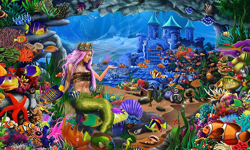 Mermaid in Her Kingdom, colorful, enchanting, fish, Mermaids, ocean, castle, kingdom, sea, magical, HD wallpaper