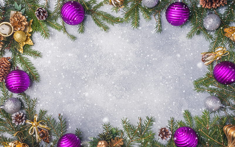 Frame with Christmas balls, Happy New Year, Christmas, winter frame, white snow background, purple christmas balls, HD wallpaper