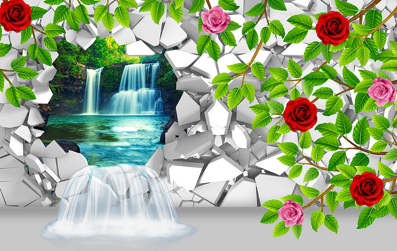 3D wall, flowers, roses, wall, 3D, waterfall, HD wallpaper