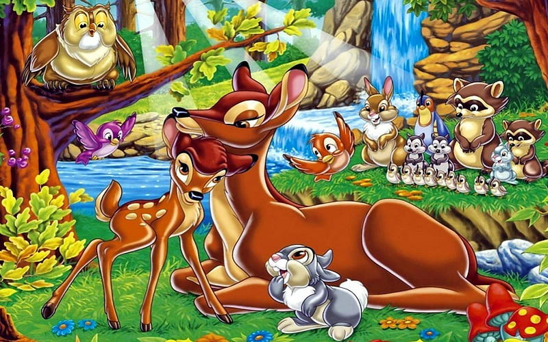 Bambi and Friends, colorful, grass, bambi, children, deer, fantasy, doe,  green, HD wallpaper | Peakpx