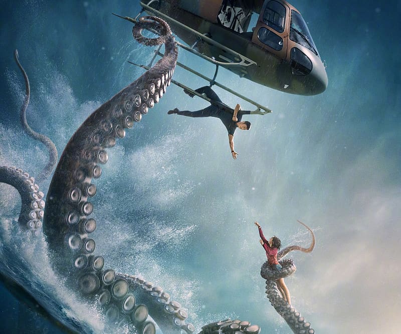 Meg 2: The Trench 2023, girl, monster, water, people, man, poster, tentacles, helicopter, movie, the trench, actor, meg 2, octopus, HD wallpaper