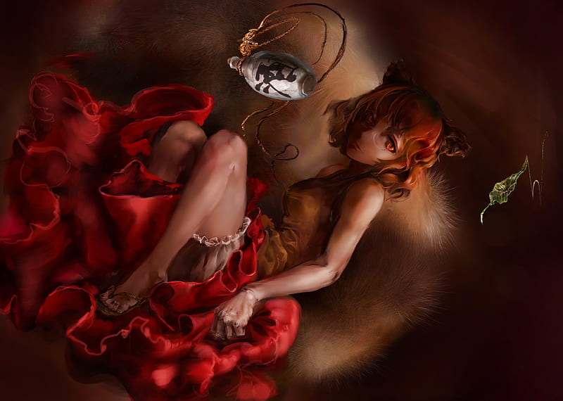 Cat Red Eyes, female, dress, red dress, glasses, red hair, cat ears, sexy, sweet, alone, cool, hot, anime girl, cat girl, laying, HD wallpaper