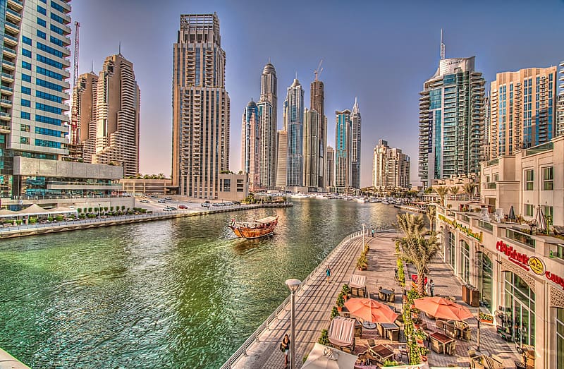 Cities, Skyscraper, Dubai, Boat, , Canal, Dubai Marina, HD wallpaper