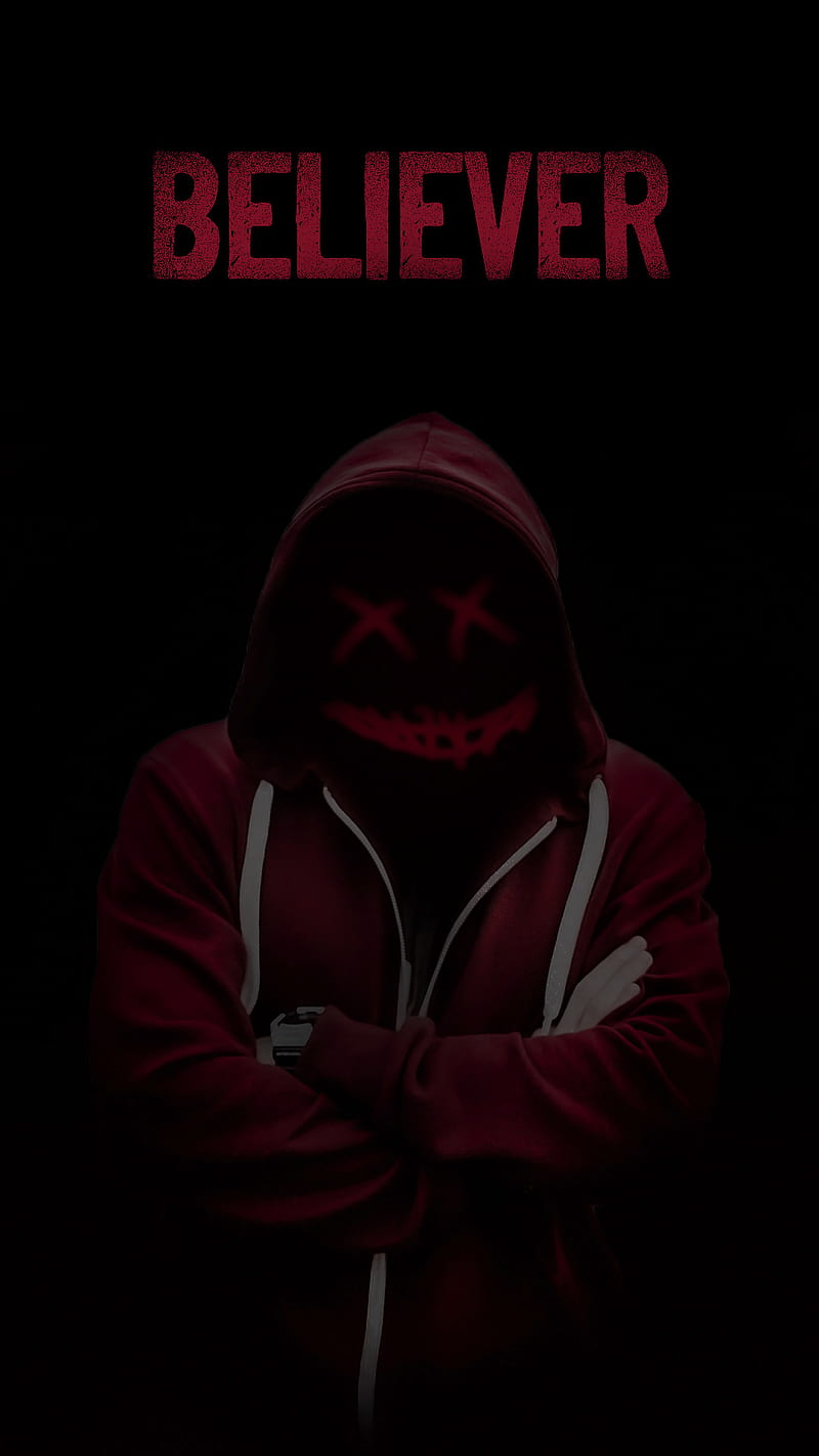 Believer, black, blackandred, dark, dark red, hoodie, neon mask, HD phone wallpaper