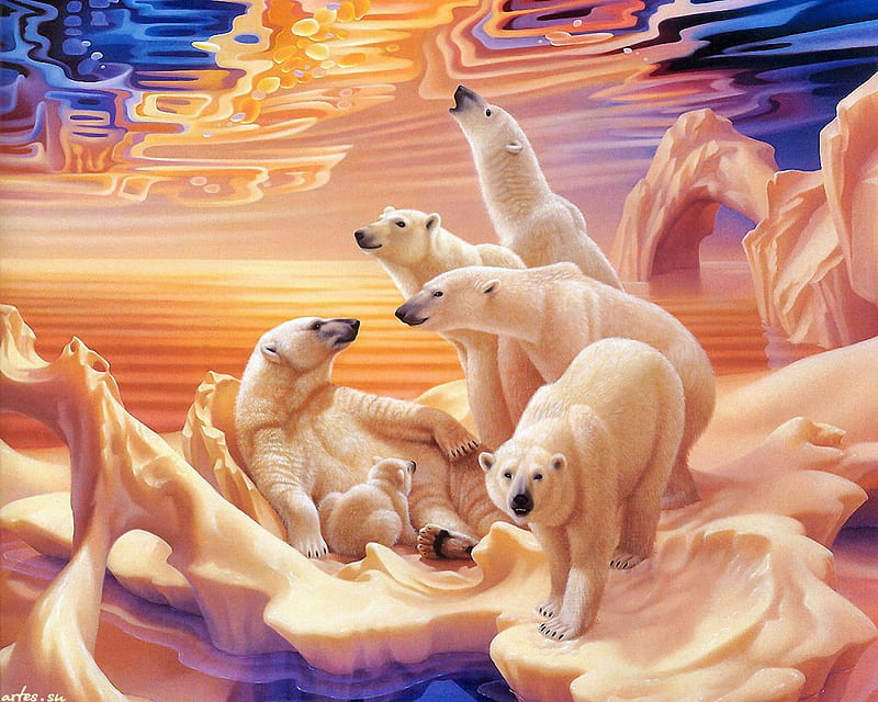 Aurora, ice, bears, fantasy, HD wallpaper