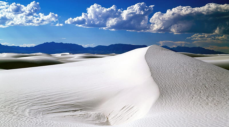 White Sand National Monument, New Mexico, hills, desert, smooth, sky, clouds, sand, nature, white, blue, HD wallpaper