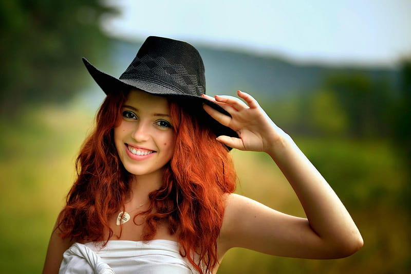 Cowgirl ~ Ira, smile, redhead, cowgirl, hat, HD wallpaper
