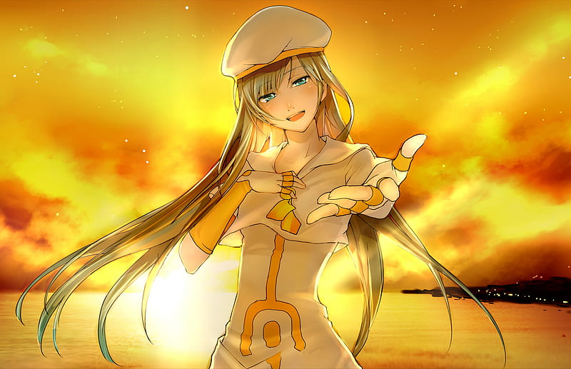 Come with me into the sunset!?!!, sun, blonde, sunset, sky, clouds, sea, hat, reaching, girl, uniform, anime, hand, land, blue eyes, HD wallpaper