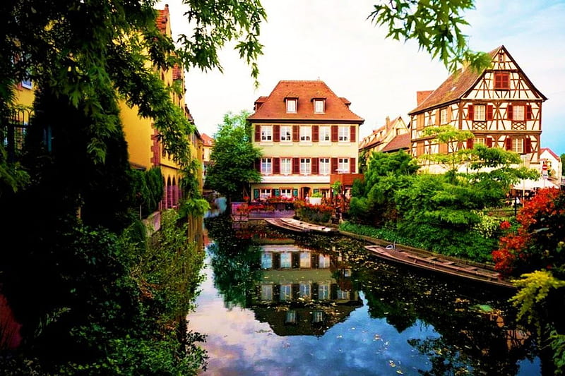Idyllic Waterway, boat, River, houses, reflection, trees, HD wallpaper