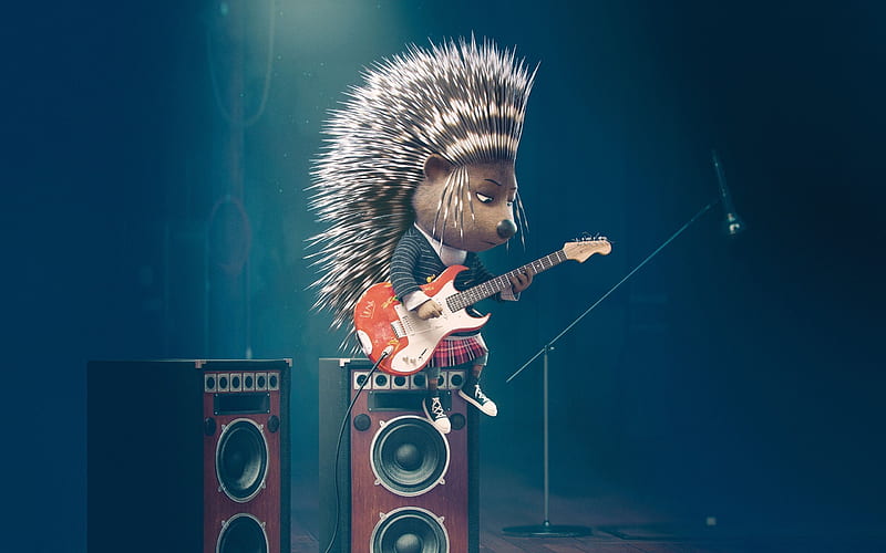 sing, 2016, ash, hedgehog, hedgehog with guitar, scarlett_johansson, HD wallpaper