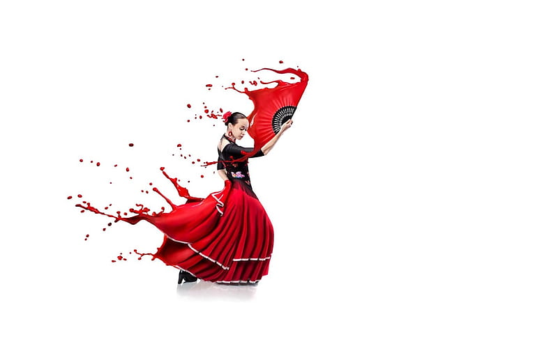 Flamenco dancer, red, flamenco, black, creative, woman, hand fan, dancer, fantasy, girl, fan, HD wallpaper