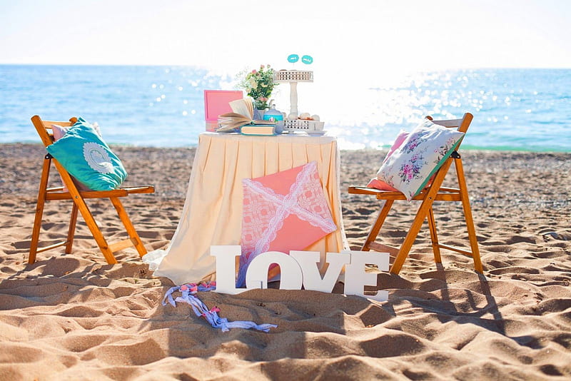 Beach Love , table, romantic, romance, shion, ocean, beach, graphy, kite, dinner for two, love, flowers, pastel, chair, pink, cushion, HD wallpaper