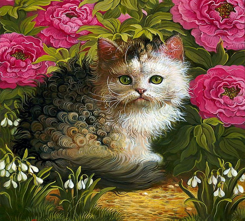 Kitty in Flowers, leaves, painting, blossoms, cat, kitten, artwork, peonies, HD wallpaper