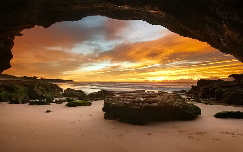 Sea Cave at Sunset, New South Wales, Australia, beach, australia, nature, sunset, cave, HD wallpaper