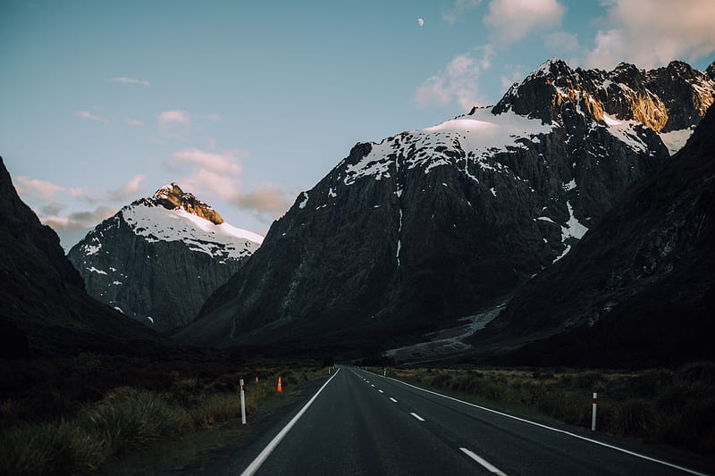 road, mountains, evening, asphalt, marking, HD wallpaper