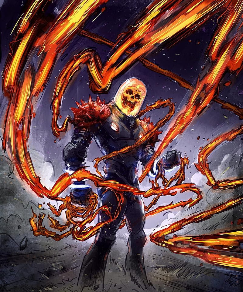Cosmic ghost rider, chains, demon, fire, skull, smoke, stars, thorns, HD phone wallpaper