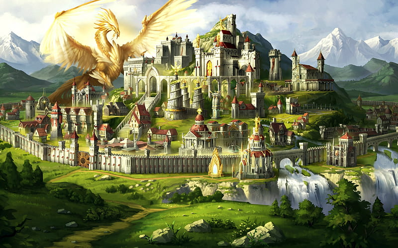 Haven Town, fantasy, green, might and magic heroes, dragon, castle, HD wallpaper