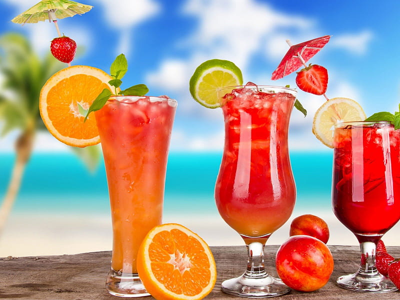 Some Nice Beach Time Drinks, liquid, orange, drinks, glasses, abstract, sky, clouds, fruit, glass, nectarine, cups, HD wallpaper
