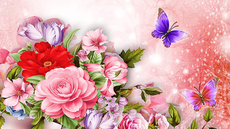Summer Colors, blossoms, flowers, summer, spring, butterflies, pink, blooms, Firefox theme, rose, bouquet, HD wallpaper