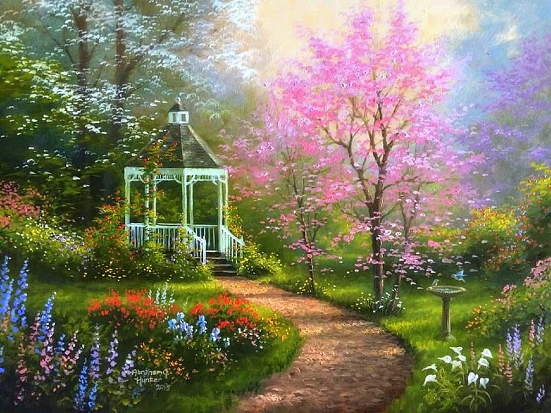 Garden of Graceful, lovely, colors, love four seasons, bonito, spring, trees, paintings, pathway, flowers, garden, nature, gazebo, HD wallpaper