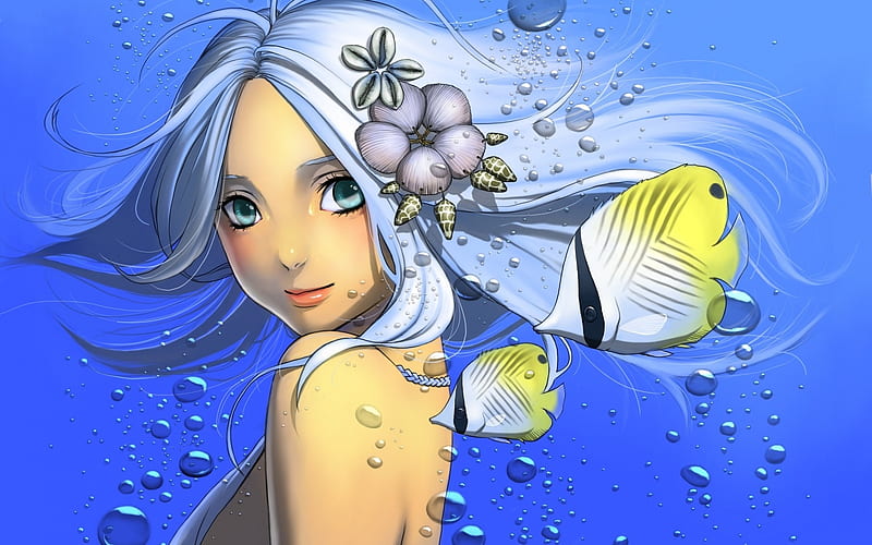 Mermaid, fish, manga, yellow, vara, girl, anime, flower, summer, siren,  blue, HD wallpaper | Peakpx