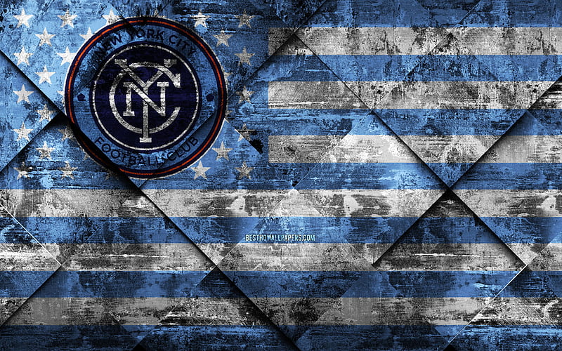 New York City FC American soccer club, grunge art, grunge texture, American flag, MLS, New York, USA, Major League Soccer, USA flag, soccer, football, HD wallpaper