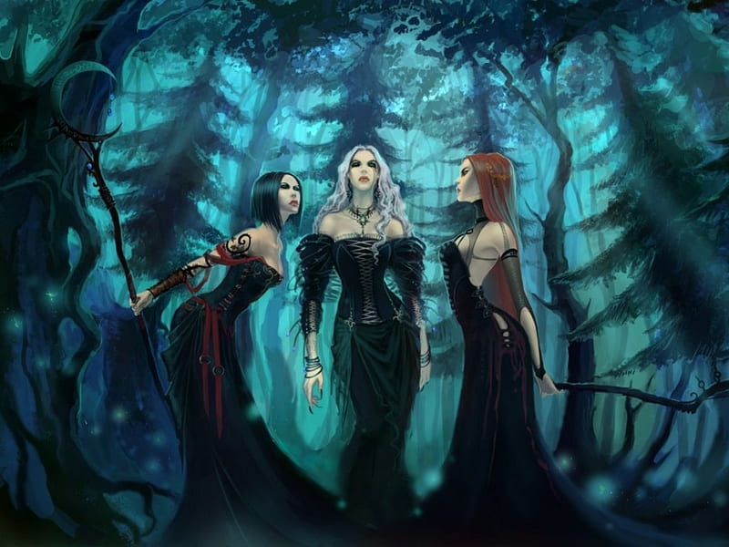 The power of three, girls, dresses, witches, woods, HD wallpaper