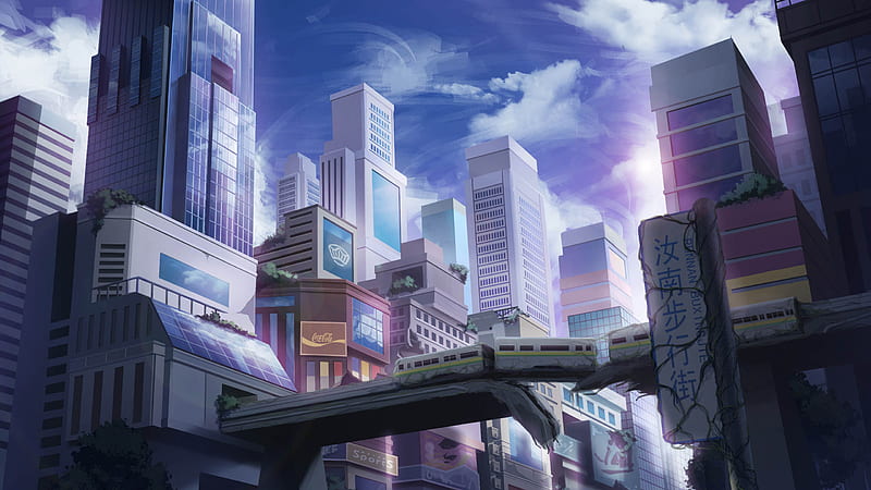 Anime Buildings Broken Bridge White Clouds Blue Sky Anime, HD wallpaper